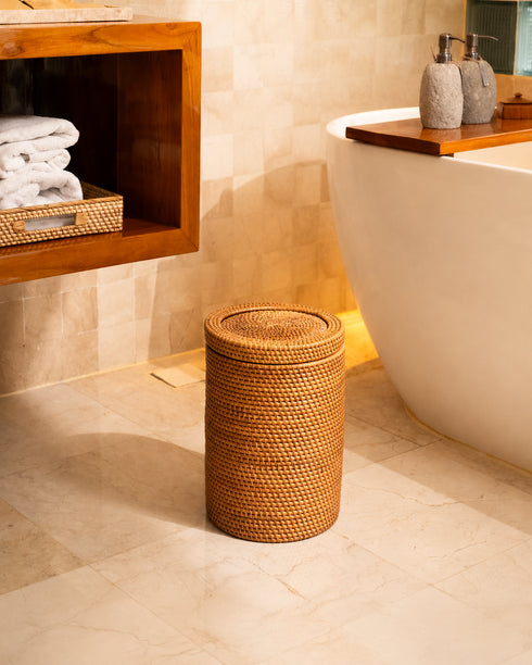 Woven Rattan Bin with Rotating Lid – Handwoven Bathroom Waste Basket