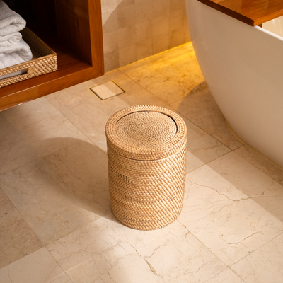 Woven Rattan Bin with Rotating Lid – Handwoven Bathroom Waste Basket