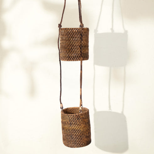 Rattan hanging planter double pot lifestyle handwoven indoor plant