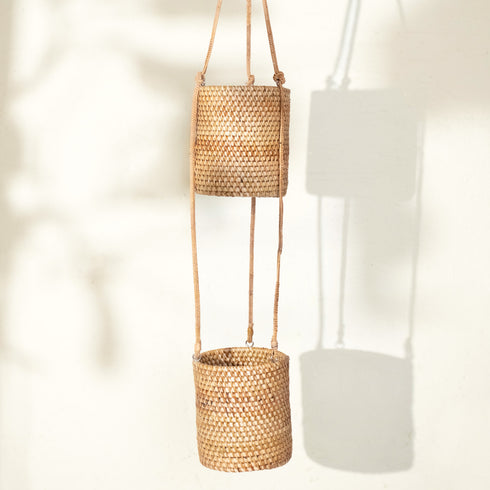 Dark brown rattan hanging double pot planter handwoven indoor