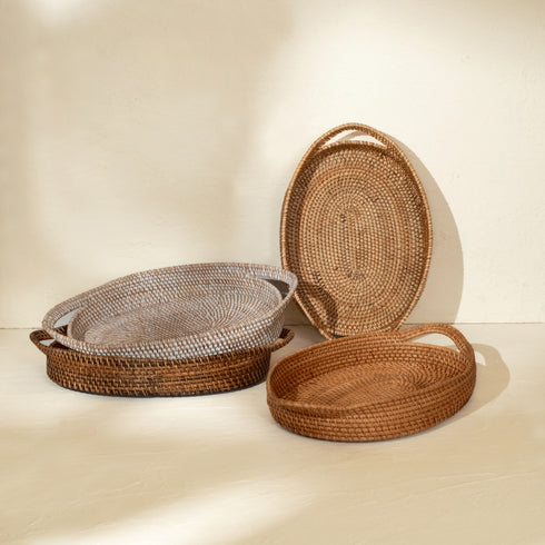 Oval Rattan wicker Woven Tray with Handles-4 Colours in large and small