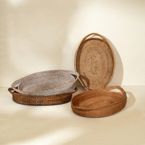 Oval Rattan wicker Woven Tray with Handles-4 Colours in large and small