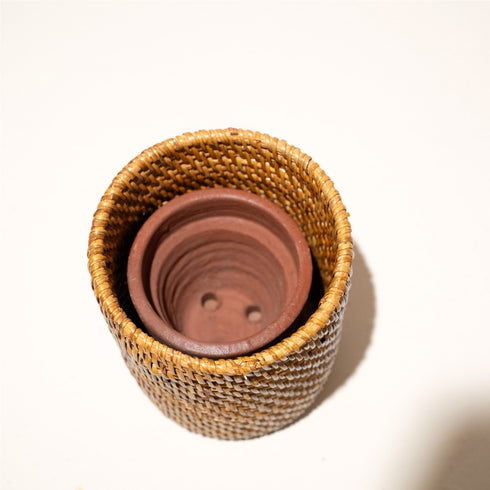 Natural rattan plant pot terracotta insert saucer top view