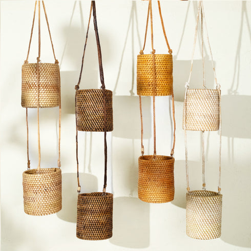 Honey brown rattan hanging double pot planter handwoven indoor