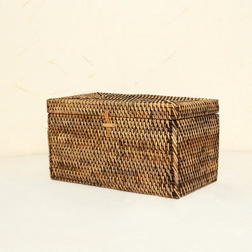 Natural rattan toilet roll storage box close up handwoven wicker