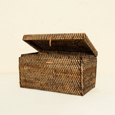 Dark brown rectangular rattan toilet roll storage box with lid