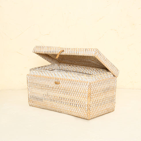 White wash rectangular rattan toilet roll storage box with lid