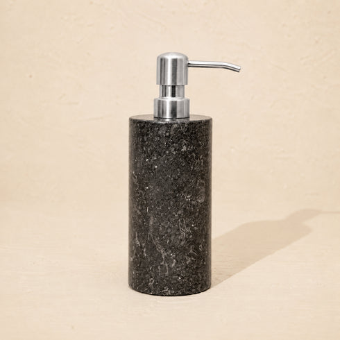 Black marble soap dispenser with satin brushed silver metal pump