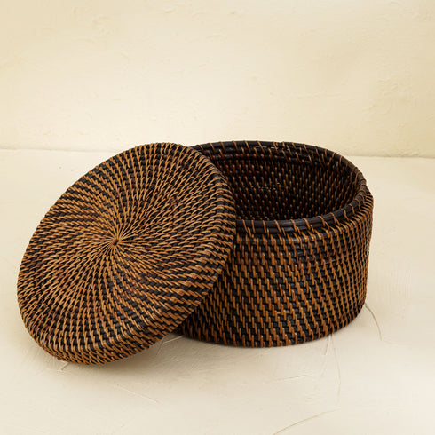 Round Rattan Storage Basket - Dark Brown - Coastal Villa Homeware