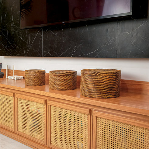 Round Rattan Storage Basket - Honey Brown - Coastal Villa Homeware