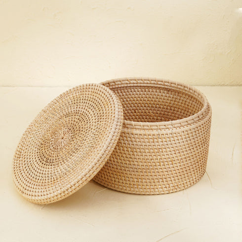 Round Rattan Storage Basket - Natural - Coastal Villa Homeware