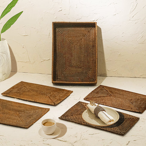 Rectangular Placemats with Holder - Dark Brown - Coastal Villa Homeware