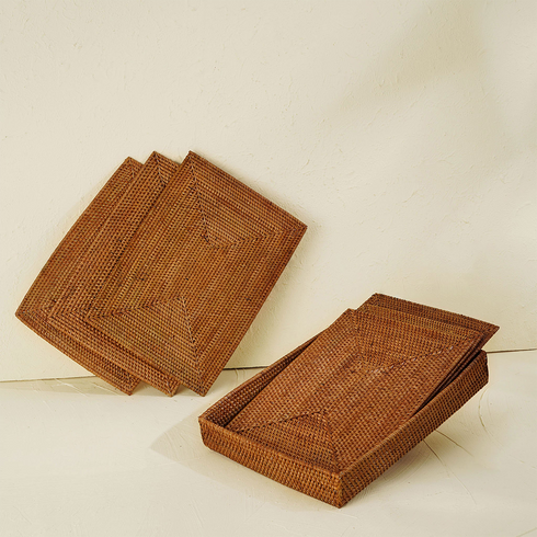 Honey brown rectangular rattan placemats with holder lifestyle