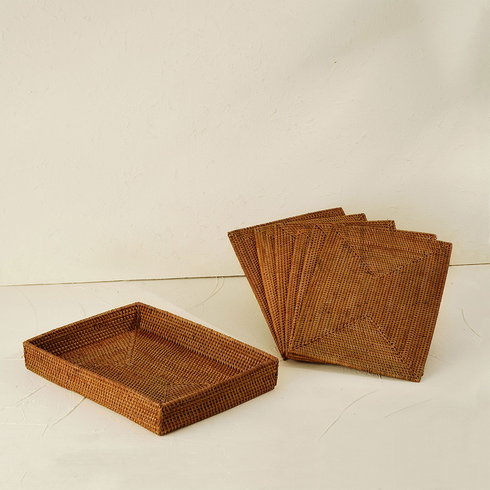 Honey brown rectangular rattan placemats with holder texture