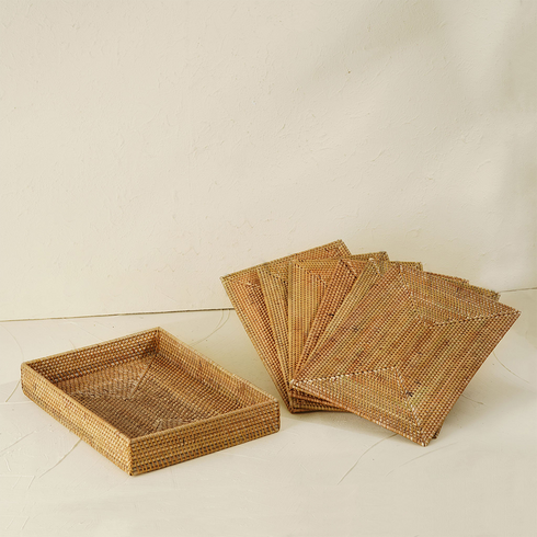 Natural rectangular rattan placemats with holder texture