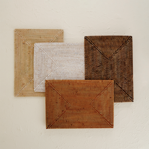 Natural rectangular rattan placemats with holder dining set
