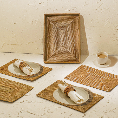 Natural rectangular rattan placemats with holder set