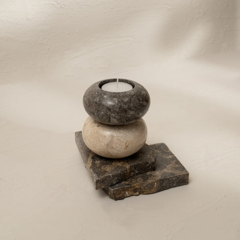 Curved Tea Light Candle Holder In Black and beige Marble - Coastal Villa Homeware