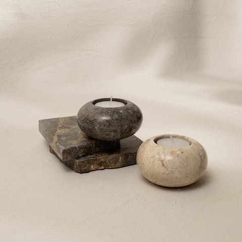 Curved Tea Light Candle Holder In Black and beige Marble - Coastal Villa Homeware