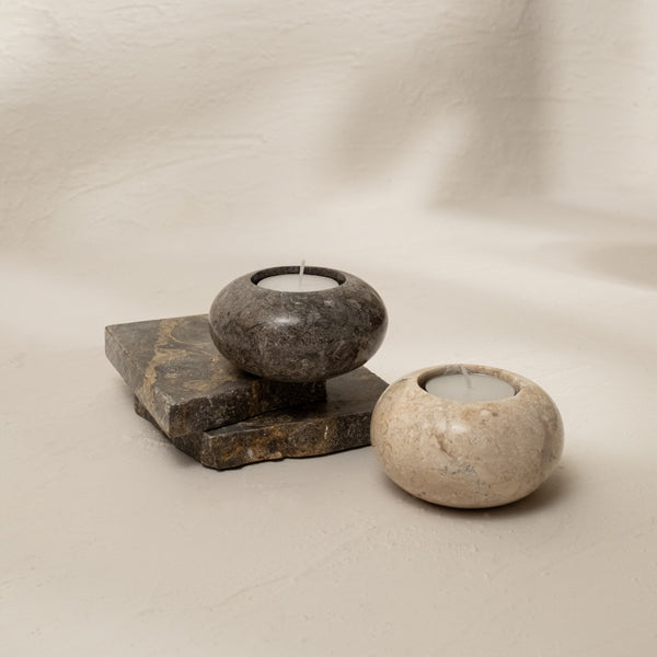 Curved Tea Light Candle Holder In Black and beige Marble - Coastal Villa Homeware