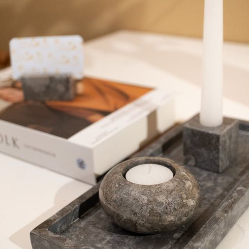 Curved Tea Light Candle Holder In Black and beige Marble - Coastal Villa Homeware