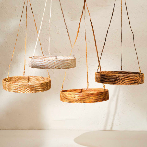 Handwoven Rattan Hanging Plant Basket – Single Tier with Metal Insert - Coastal Villa Homeware