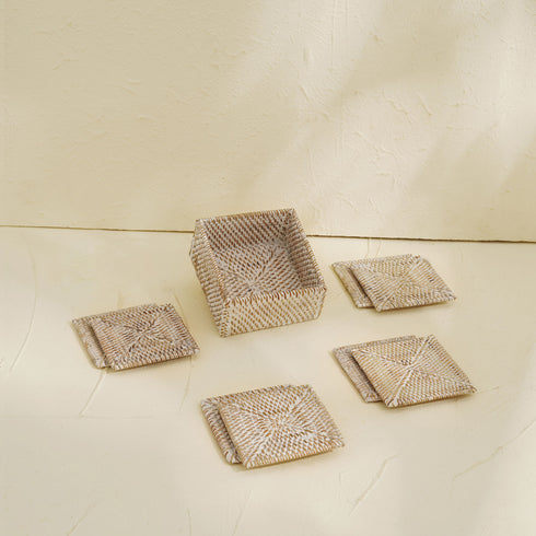 Square Rattan Coaster Set with Holder - Coastal Villa Homeware