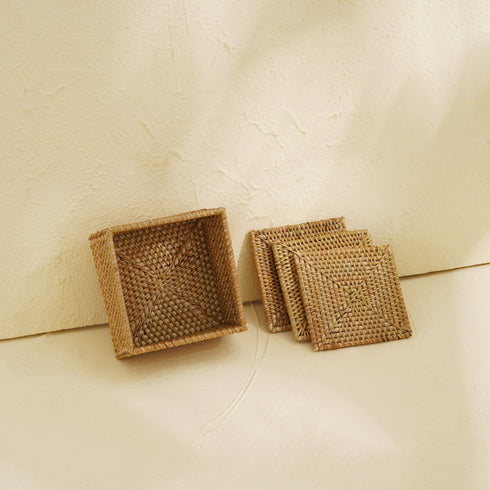 Square Rattan Coaster Set with Holder - Coastal Villa Homeware