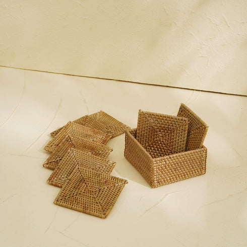 Square Rattan Coaster Set with Holder - Coastal Villa Homeware