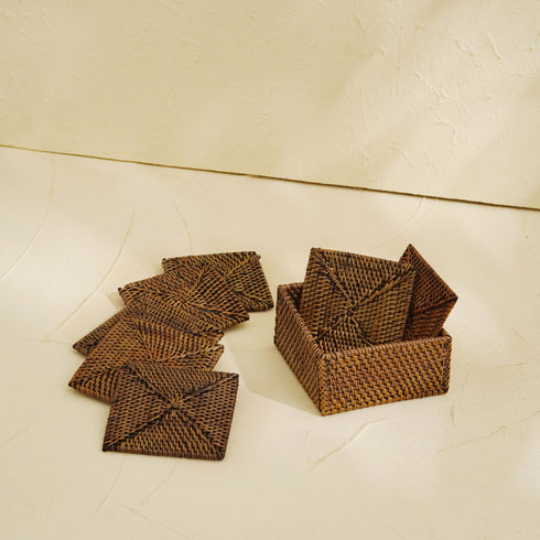 Square Rattan Coaster Set with Holder - Coastal Villa Homeware