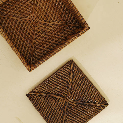 Square Rattan Coaster Set with Holder - Coastal Villa Homeware