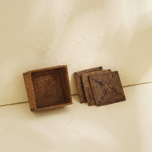 Square Rattan Coaster Set with Holder - Coastal Villa Homeware