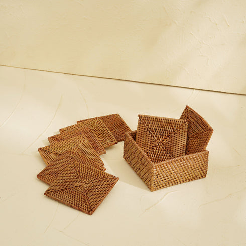 Square Rattan Coaster Set with Holder - Coastal Villa Homeware