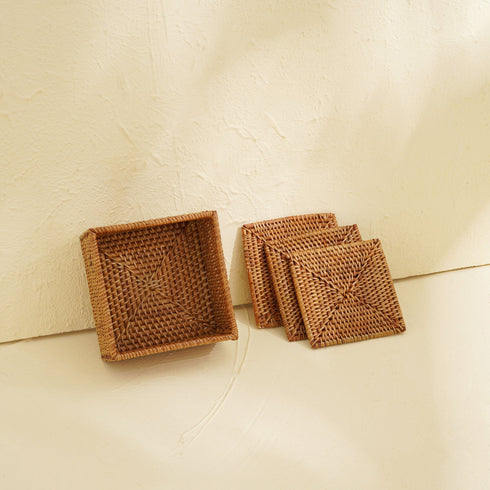 Square Rattan Coaster Set with Holder - Coastal Villa Homeware