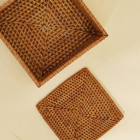 Square Rattan Coaster Set with Holder - Coastal Villa Homeware