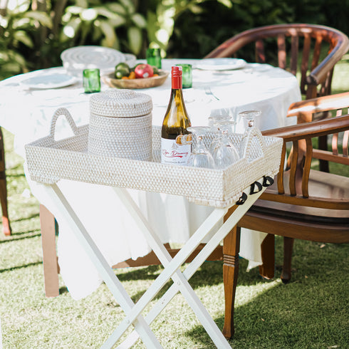Rattan Butlers Tray - White wash - Coastal Villa Homeware