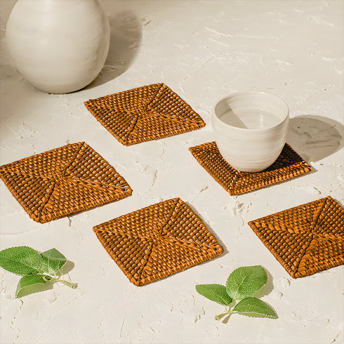 Rattan Square Coasters - Dark Brown - Coastal Villa Homeware