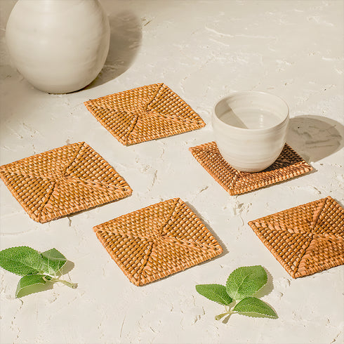 Rattan Square Coasters - Honey Brown - Coastal Villa Homeware