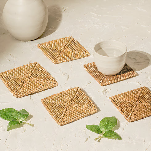 Rattan Square Coasters - Natural - Coastal Villa Homeware