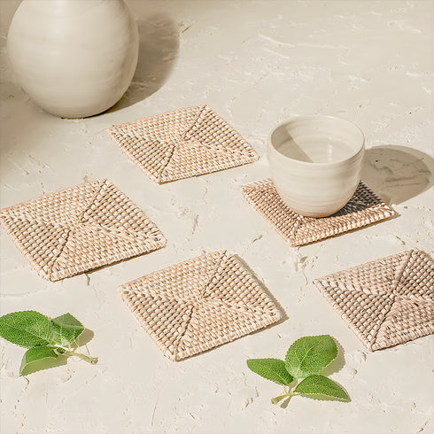 Rattan Square Coasters - White Wash - Coastal Villa Homeware