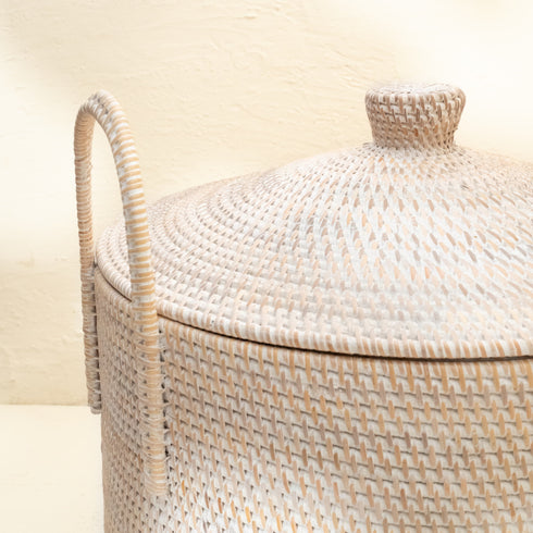 Round storage basket for bedroom close up of handle