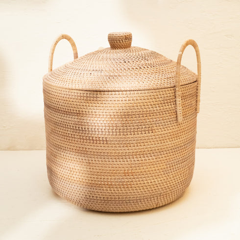 Lidded basket with cone top and handles showing