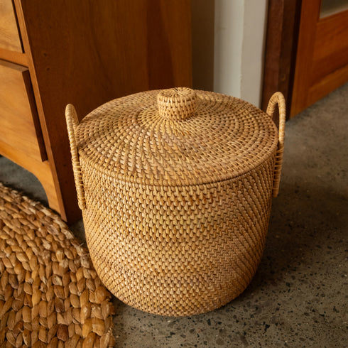 Rattan basket in bedroom with aesthetic background