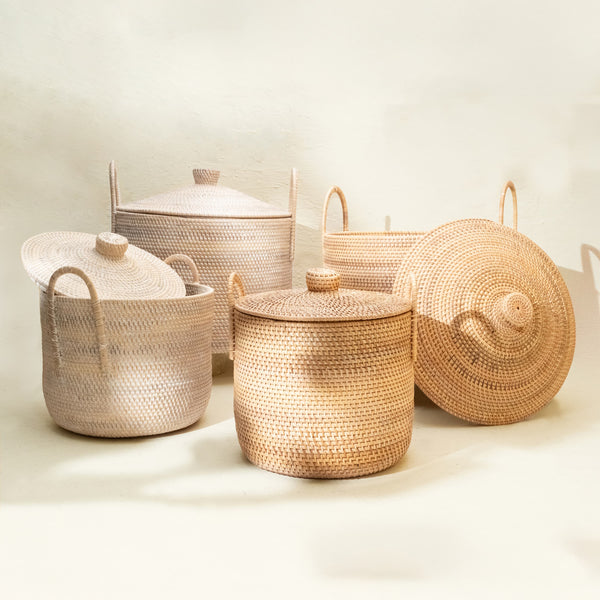 Handwoven rattan laundry basket with cone lid and sturdy handles