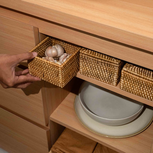 Small Wicker Basket with Lid | Shelf & Drawer Organizer for Home Storage - Coastal Villa Homeware