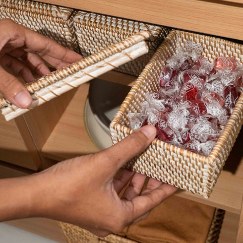 Small Wicker Basket with Lid | Shelf & Drawer Organizer for Home Storage - Coastal Villa Homeware