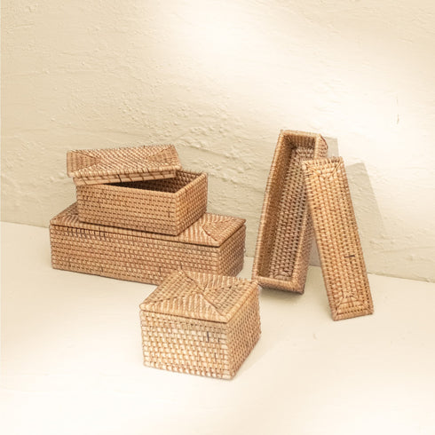 Small Wicker Basket with Lid | Shelf & Drawer Organizer for Home Storage - Coastal Villa Homeware