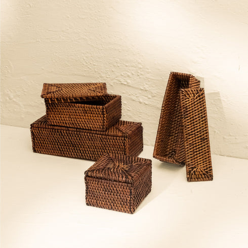 Small Wicker Basket with Lid | Shelf & Drawer Organizer for Home Storage - Coastal Villa Homeware