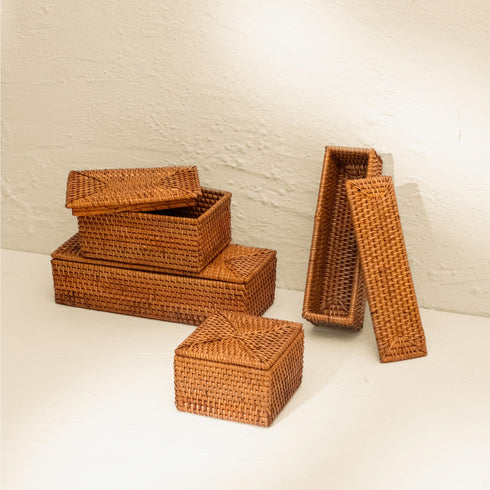 Small Wicker Basket with Lid | Shelf & Drawer Organizer for Home Storage - Coastal Villa Homeware