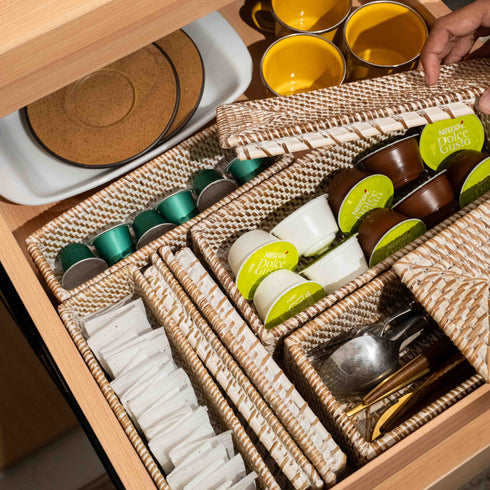 Small Wicker Basket with Lid | Shelf & Drawer Organizer for Home Storage - Coastal Villa Homeware